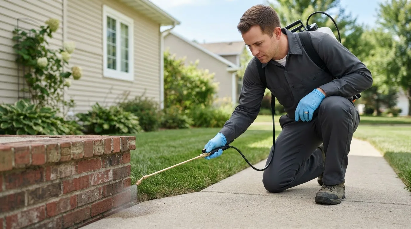 Pest control technician treating a home near Holliston, MA