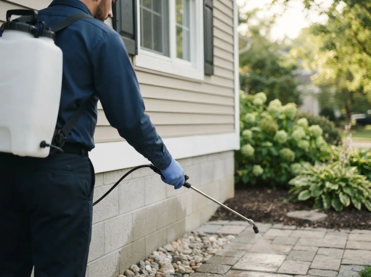 Pest control technician inspecting a home in Holliston, MA